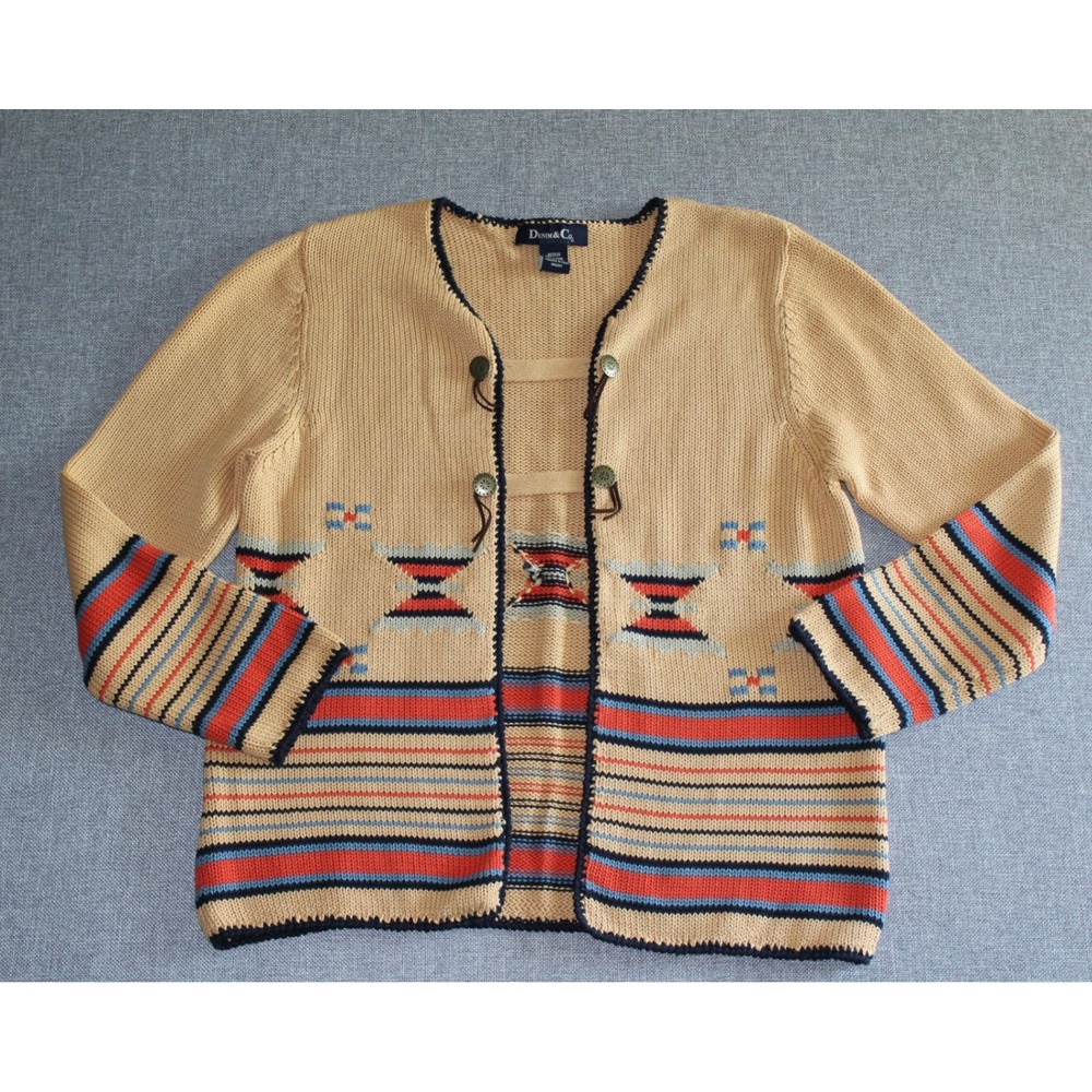 Denim & Co. Cardigan Sweater Women Medium Tan Southwest Geometric Toggle Knit